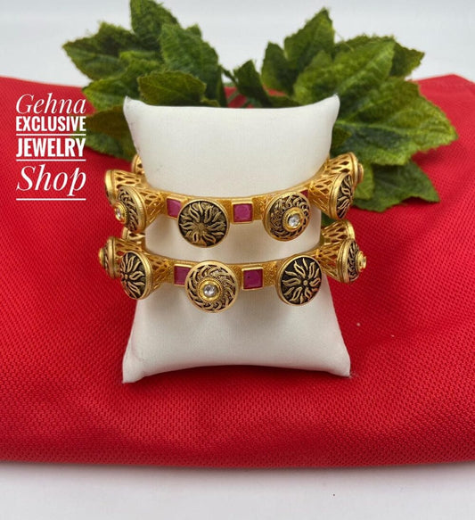 Ethnic Ruby Kundan Antique Golden Pacheli Bangles By Gehna Shop Antique Golden Bangles