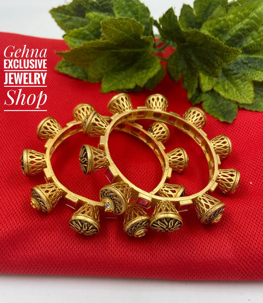 Ethnic Ruby Kundan Antique Golden Pacheli Bangles By Gehna Shop Antique Golden Bangles