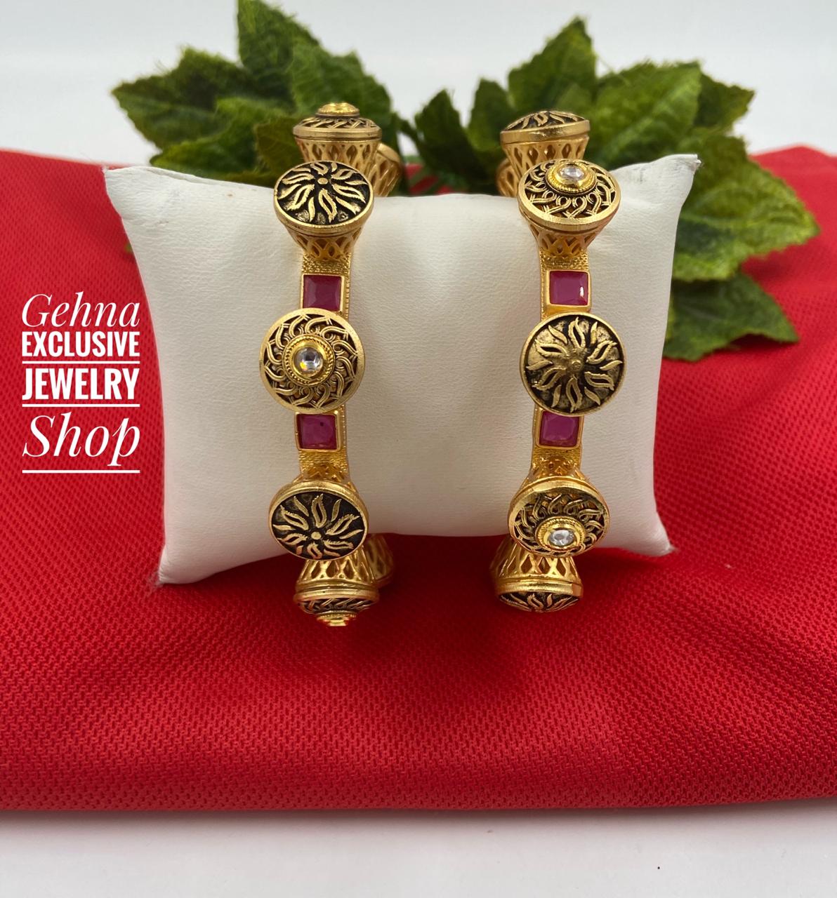 Ethnic Ruby Kundan Antique Golden Pacheli Bangles By Gehna Shop Antique Golden Bangles
