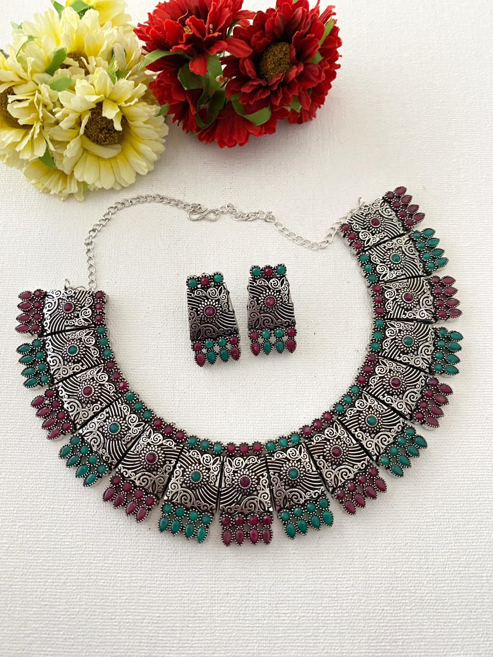 Ethnic Silver Toned Oxidised Necklace Set For Women By Gehna Shop Oxidised Necklace Set