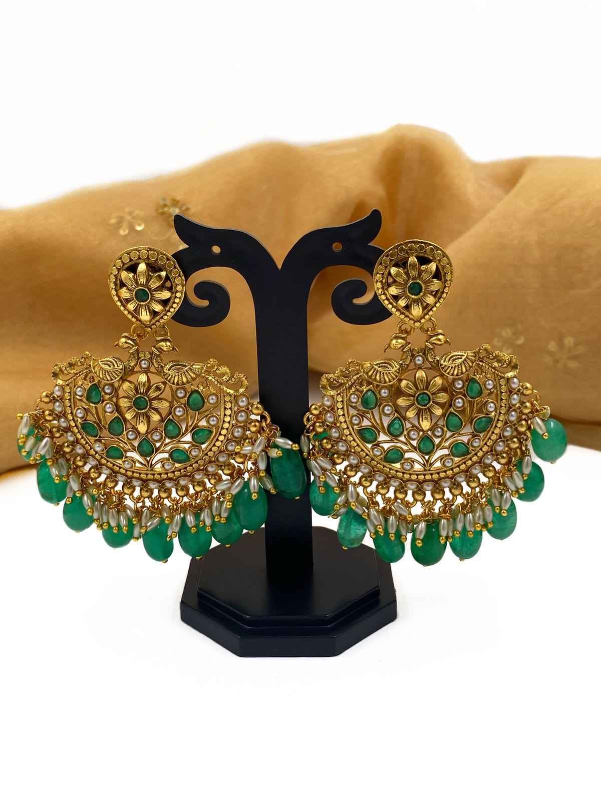 Gold Plated Antique Chandbali Earrings For Women Green