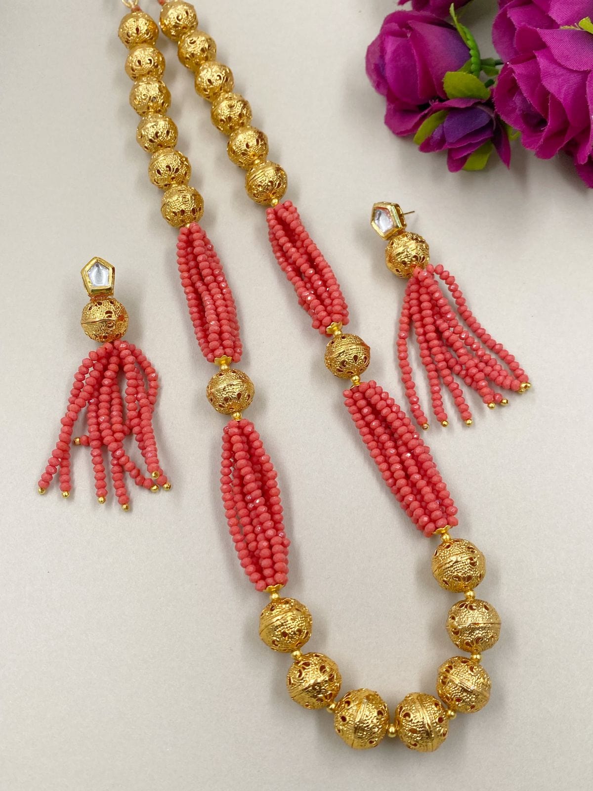 Fancy Peach Crystal And Golden Beads Necklace For Woman By Gehna Shop Beads Jewellery