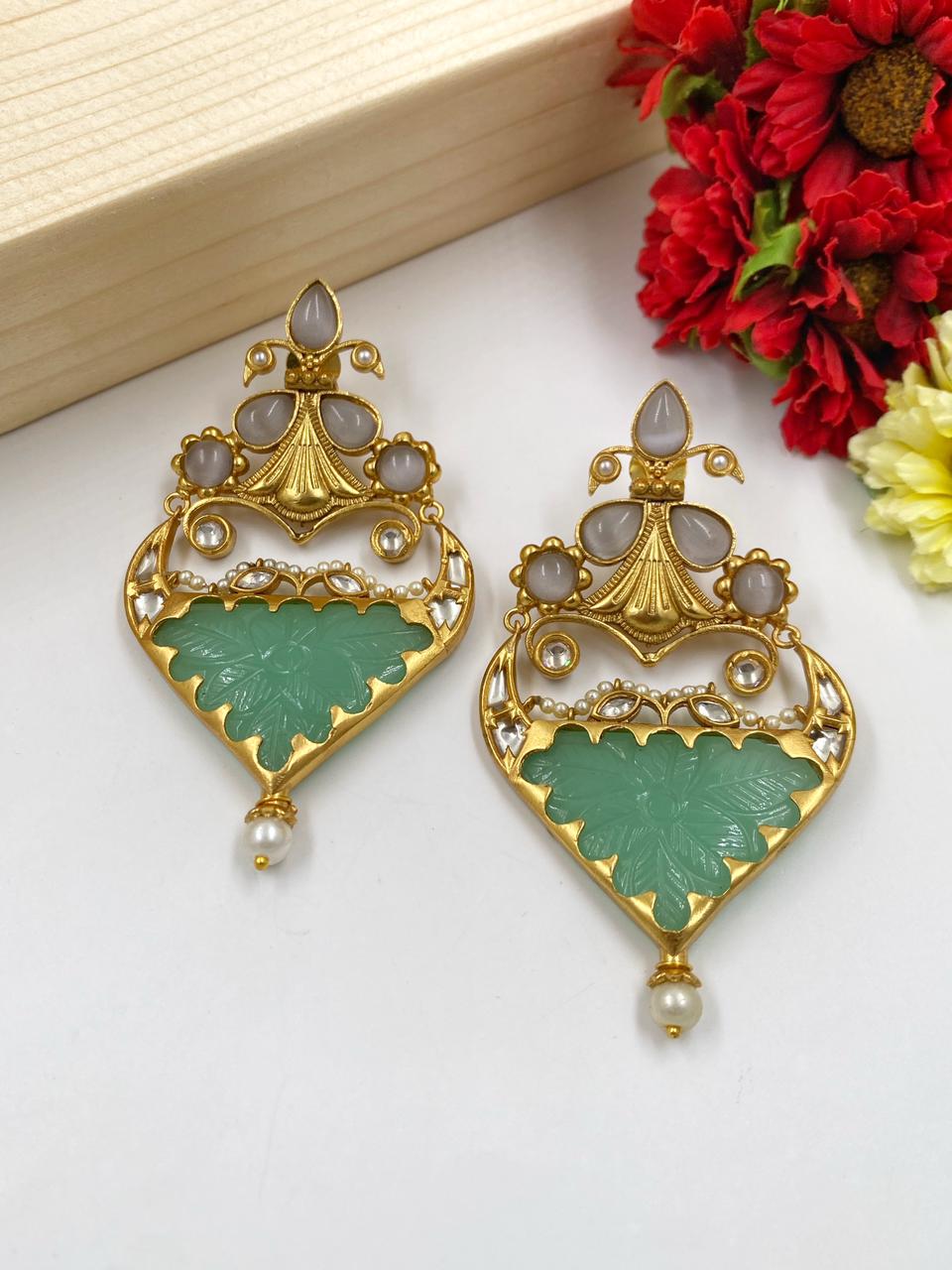 Gehna Shops Designer Mint Green Stone Statement Earrings For Women Kundan Earrings
