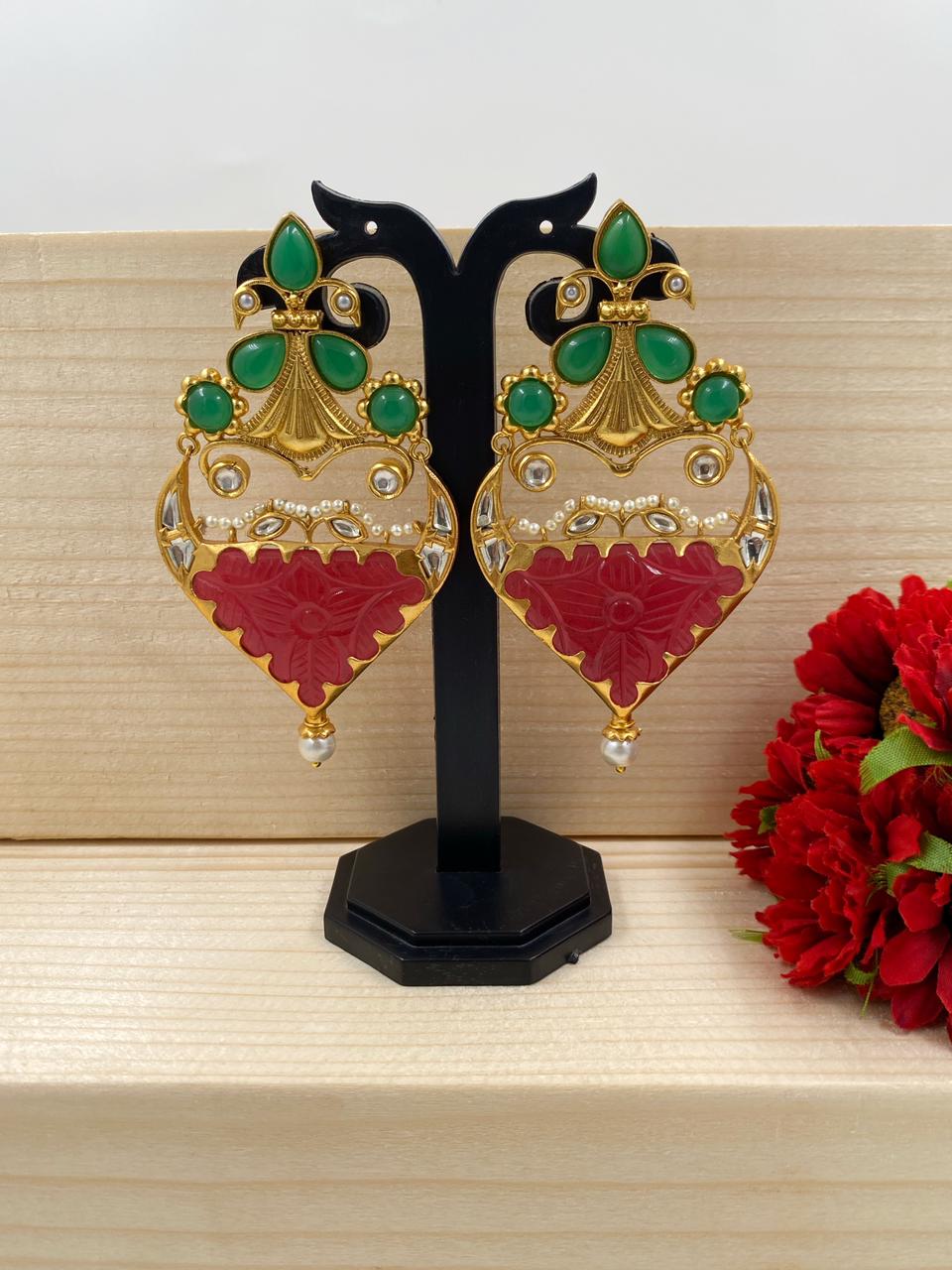 Gehna Shops Designer Red And Green Stone Statement Earrings For Women Earrings