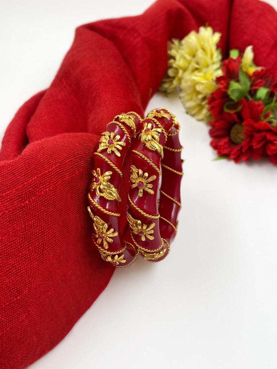 Gehna Shops Traditional Gold Plated Red Bangles For Women Antique Golden Bangles