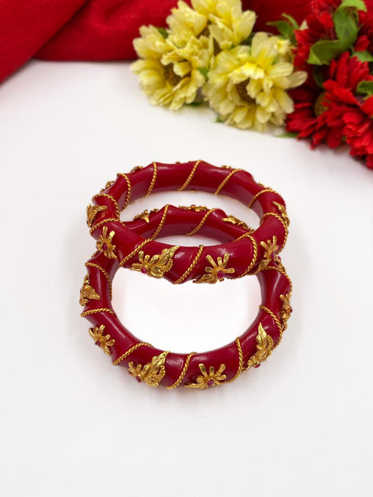 Gehna Shops Traditional Gold Plated Red Bangles For Women Antique Golden Bangles