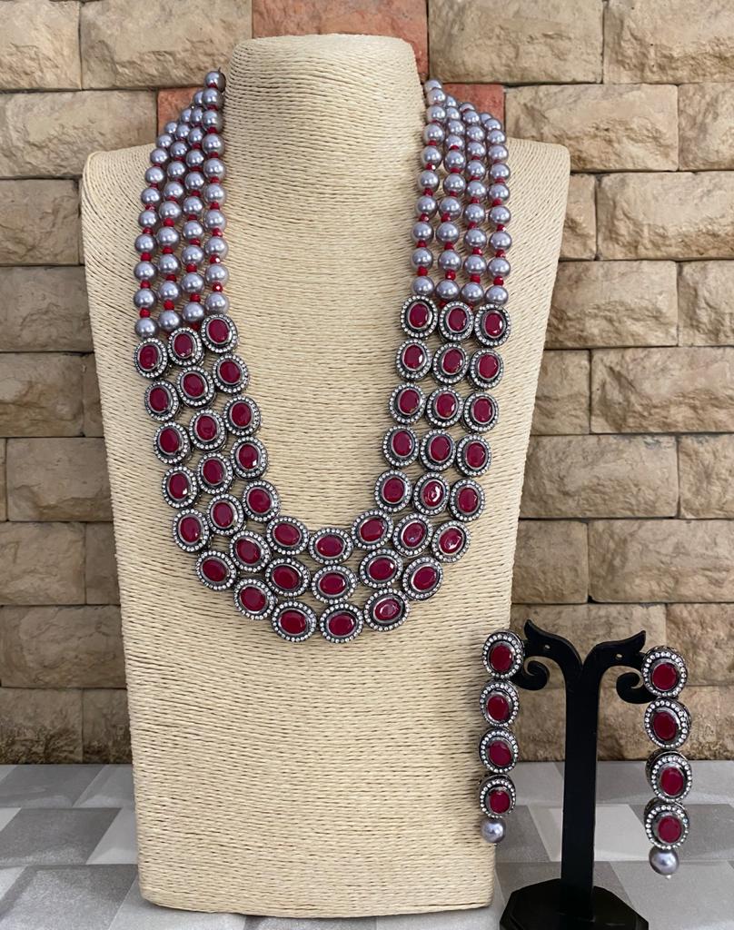 Gehna Shops Victorian Oxidised Red Stone And Grey Pearls Necklace Set For Women Victorian Necklace Sets