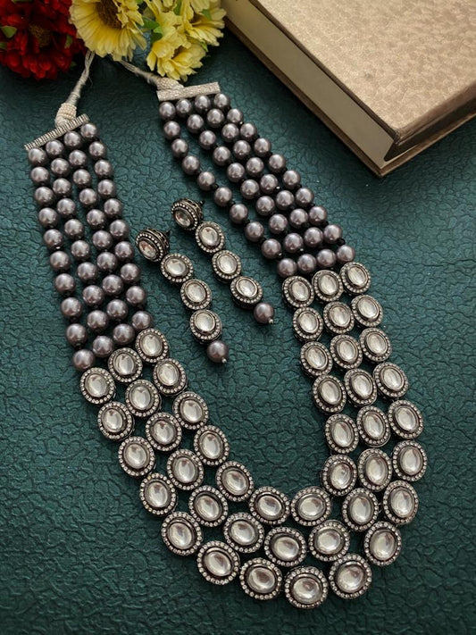 Gehna Shops Victorian Polki Kundan And Grey Pearls Necklace Set For Women Victorian Necklace Sets