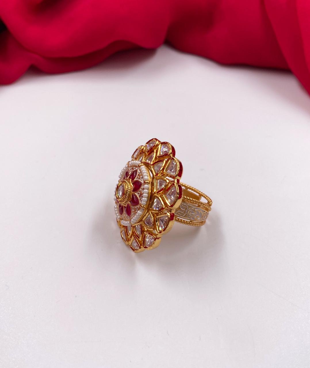 gold plated adjustable and rotating kundan finger ring by gehna shop gehna shop imitation kundan finger rings for women buy online 41751908778299