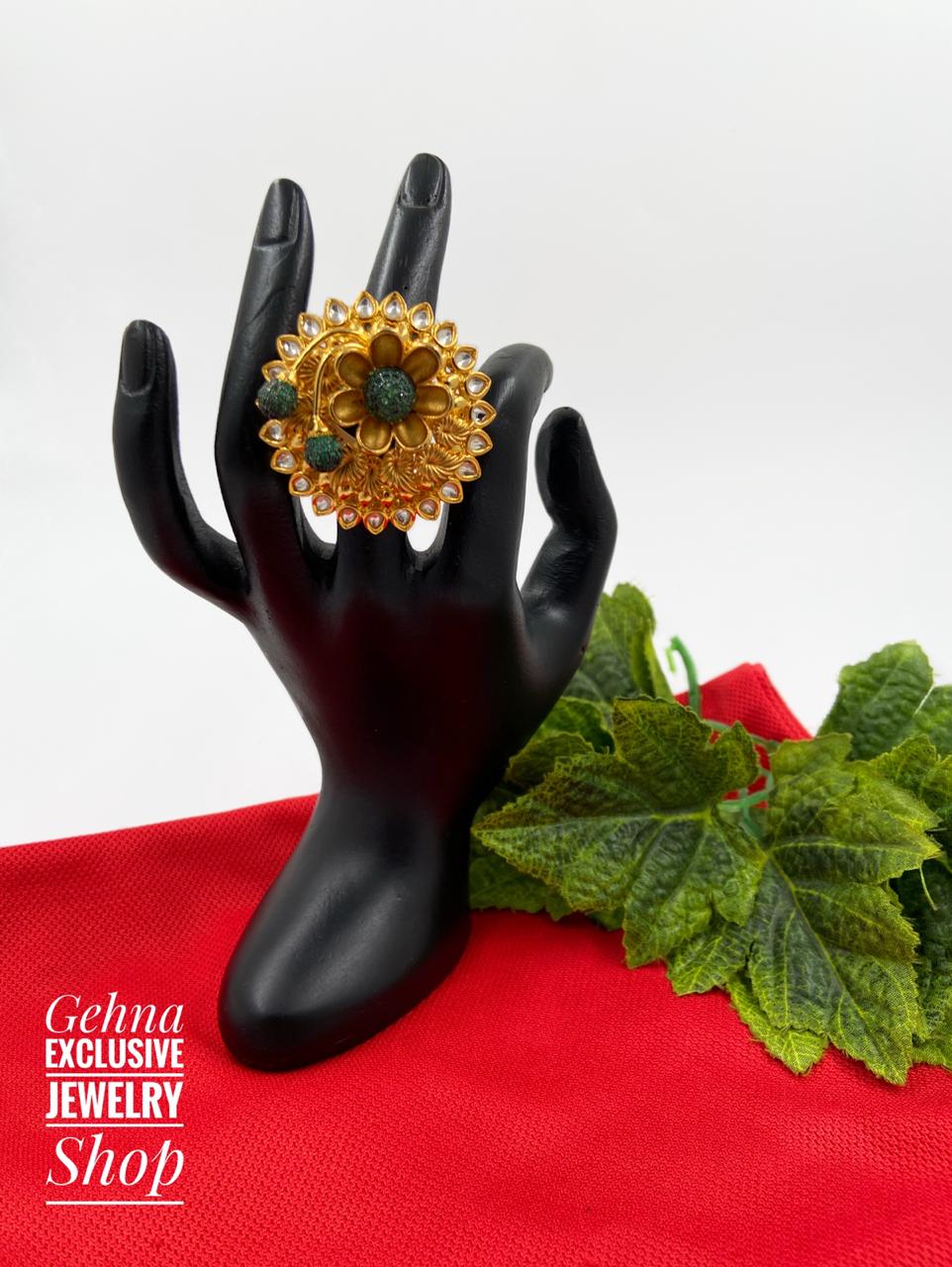 Gold Plated Antique Adjustable Big Kundan Finger Ring By Gehna Shop Finger rings