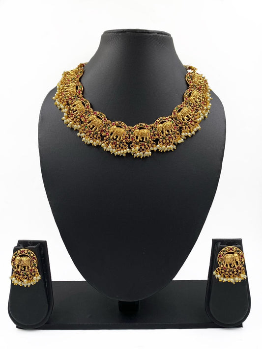 Gold Plated Antique Elephant Design Necklace Set For Women Temple Necklace Sets