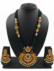 Gold Plated Antique Golden Peacock Pendant Green Necklace Set By Gehna Shop Antique Golden Necklace Sets