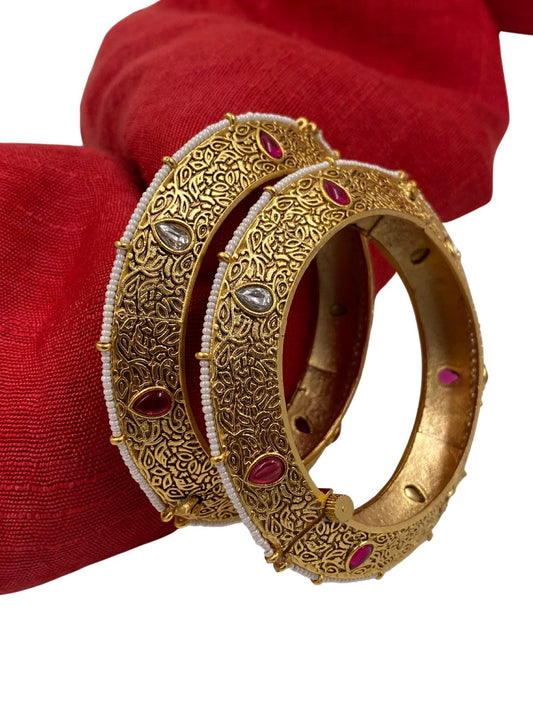 Gold Plated Antique Ruby And Kundan Bangles Set By Gehna Shop Antique Golden Bangles