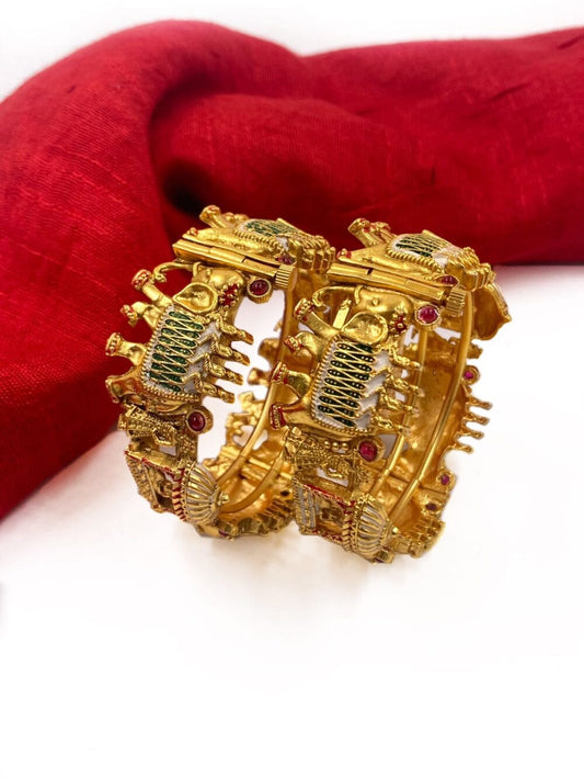 Gold Plated Ethnic Elephant And Doli Baarat Meenakari Bangles For Weddings By Gehna Shop Antique Golden Bangles