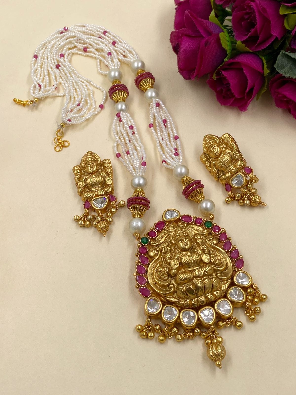 Gold Plated Goddess Lakshmi Devi South Indian Temple Jewellery Set