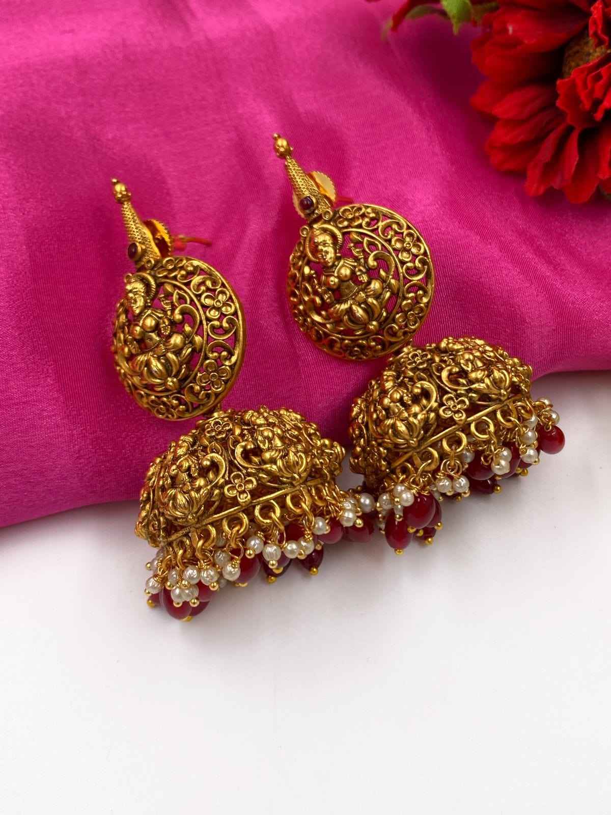 Gold Plated Goddess Lakshmi Temple Jhumka Earrings