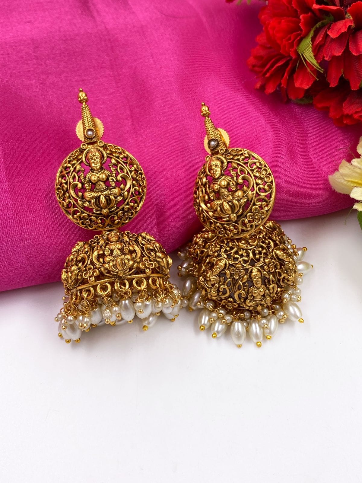 Lakshmi Jhumka Antique Matt Gold Color Pearl Details Lakshmi Engraving -  Etsy