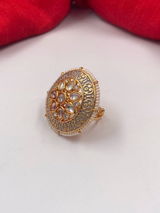 Gold Plated Gray Color Adjustable Kundan Finger Ring For Ladies By Gehna Shop Finger rings