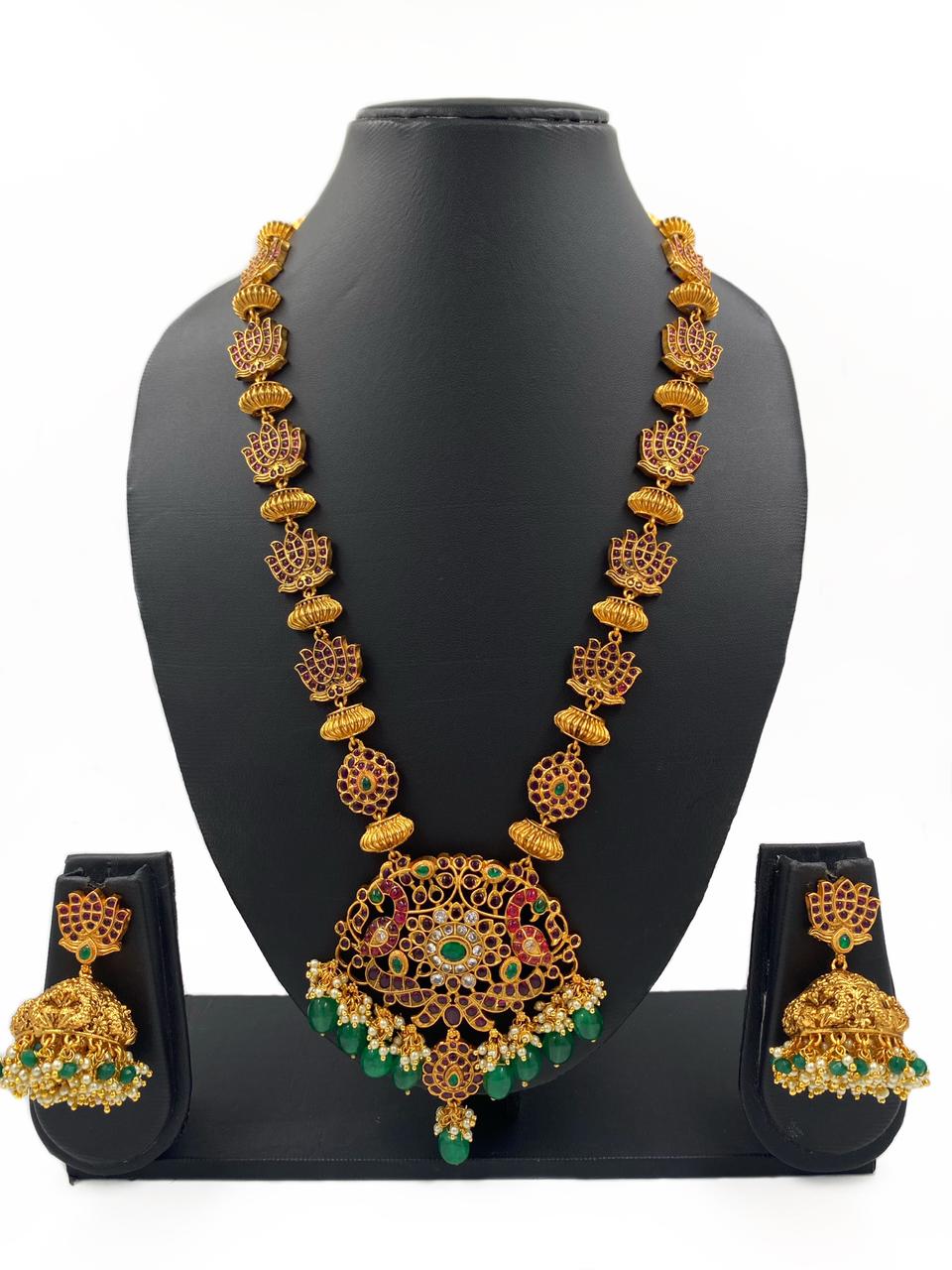 Gold Plated Kemp Stone Studded Long Peacock Design South Indian Necklace Set By Gehna Shop Temple Necklace Sets