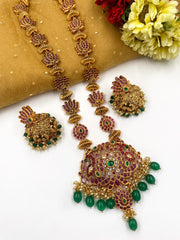 Gold Plated Kemp Stone Studded Long Peacock Design South Indian Necklace Set By Gehna Shop Temple Necklace Sets