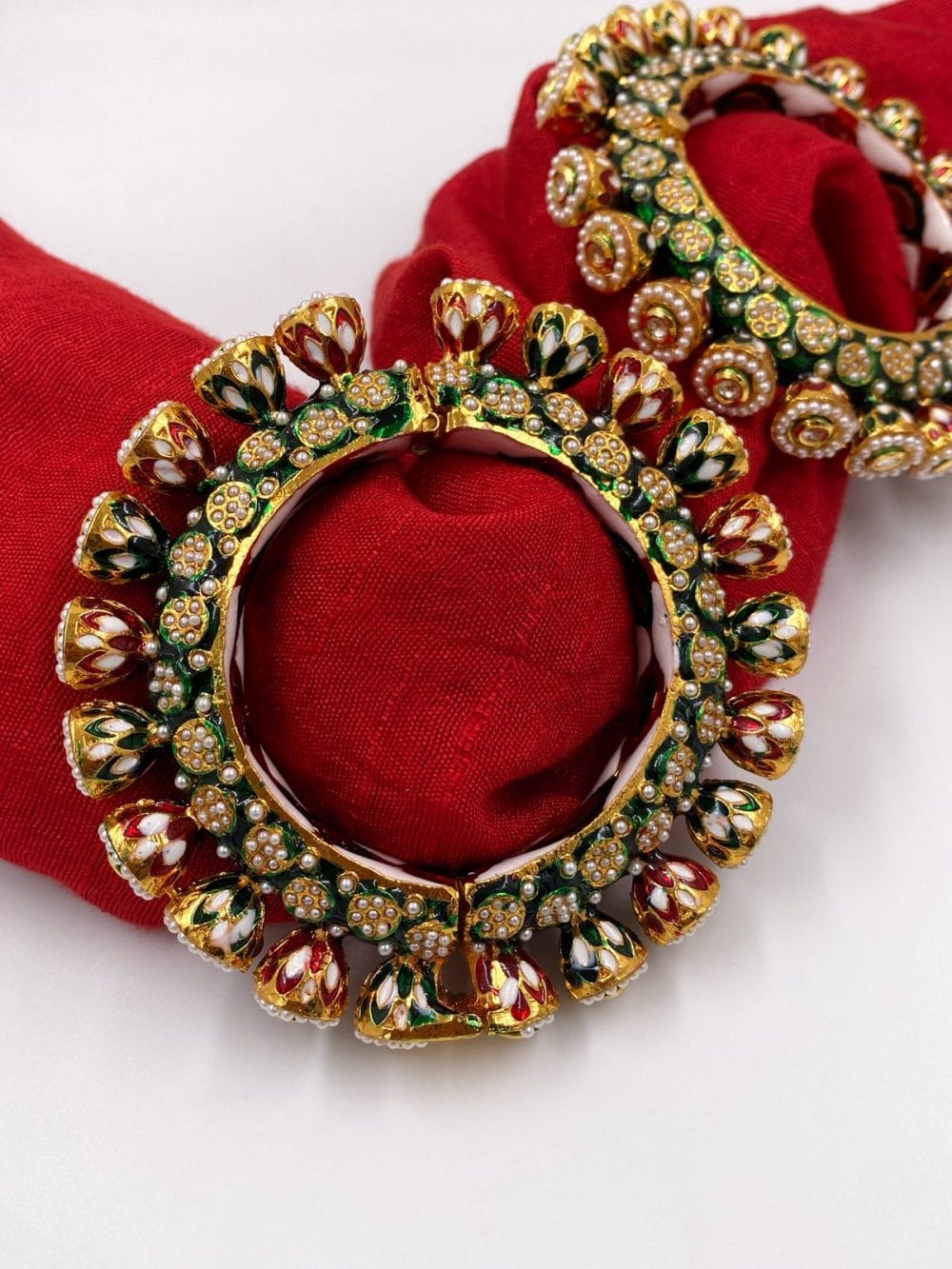 Gold Plated Kundan Meenakari And Pearls Green Pacheli Bangles For Women By Gehna Shop Bangles