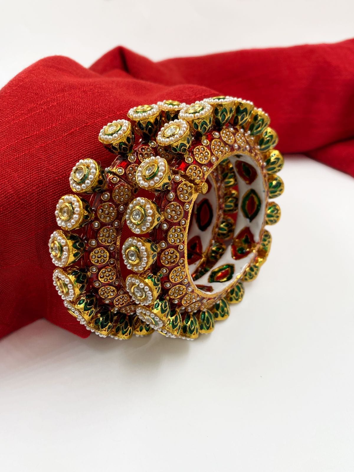 Gold Plated Kundan Meenakari And Pearls Pacheli Bangles For Women By Gehna Shop Bangles