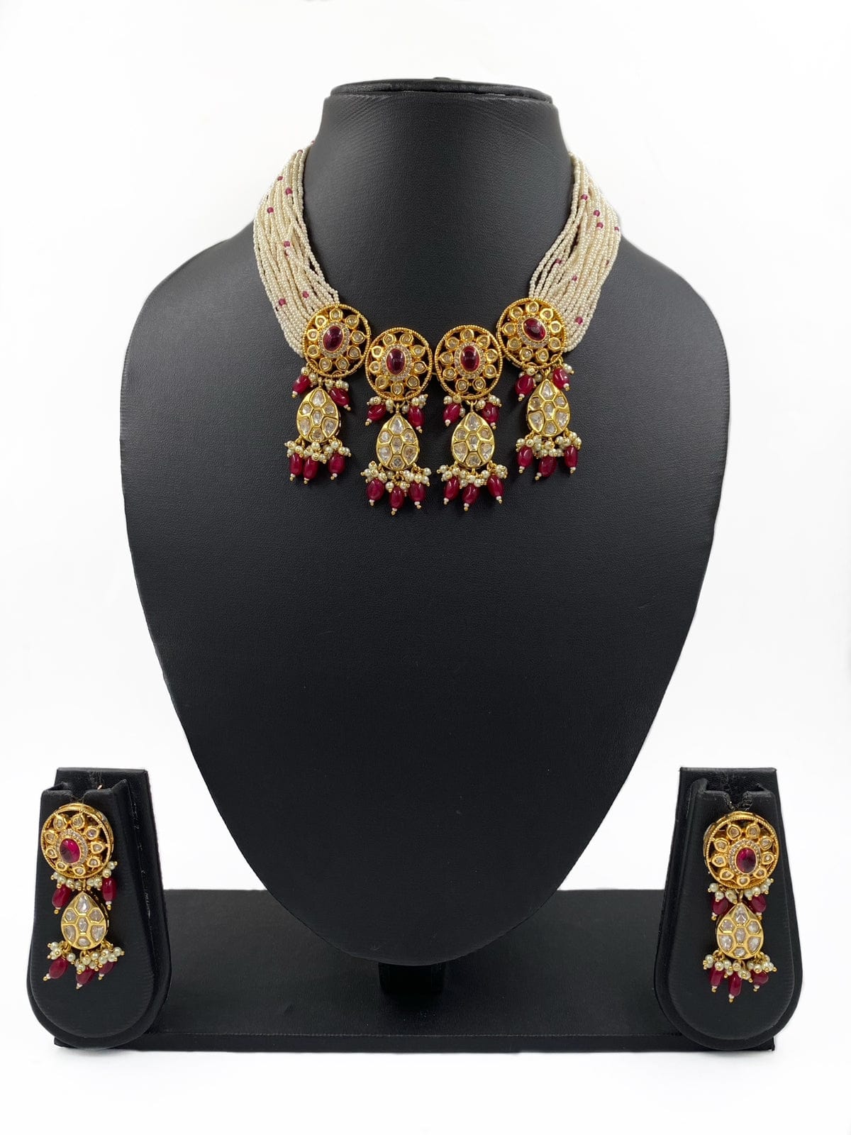 Ruby Pearl Jadau Choker Necklace Set in Gold Plated Silver NS 006