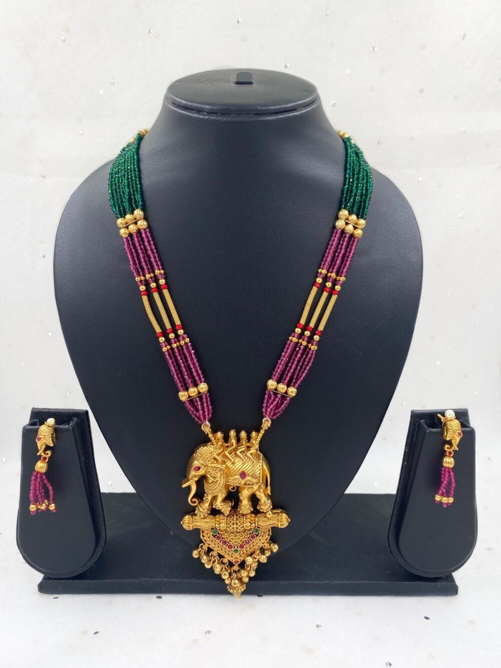 Gold Plated Long Antique Elephant Pendant Necklace Set By Gehna Shop Temple Necklace Sets