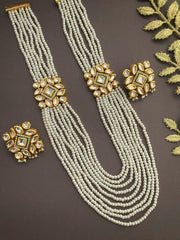 Gold Plated Long Kundan And Multilayered Pearls Necklace Set By Gehna Shop Kundan Necklace Sets