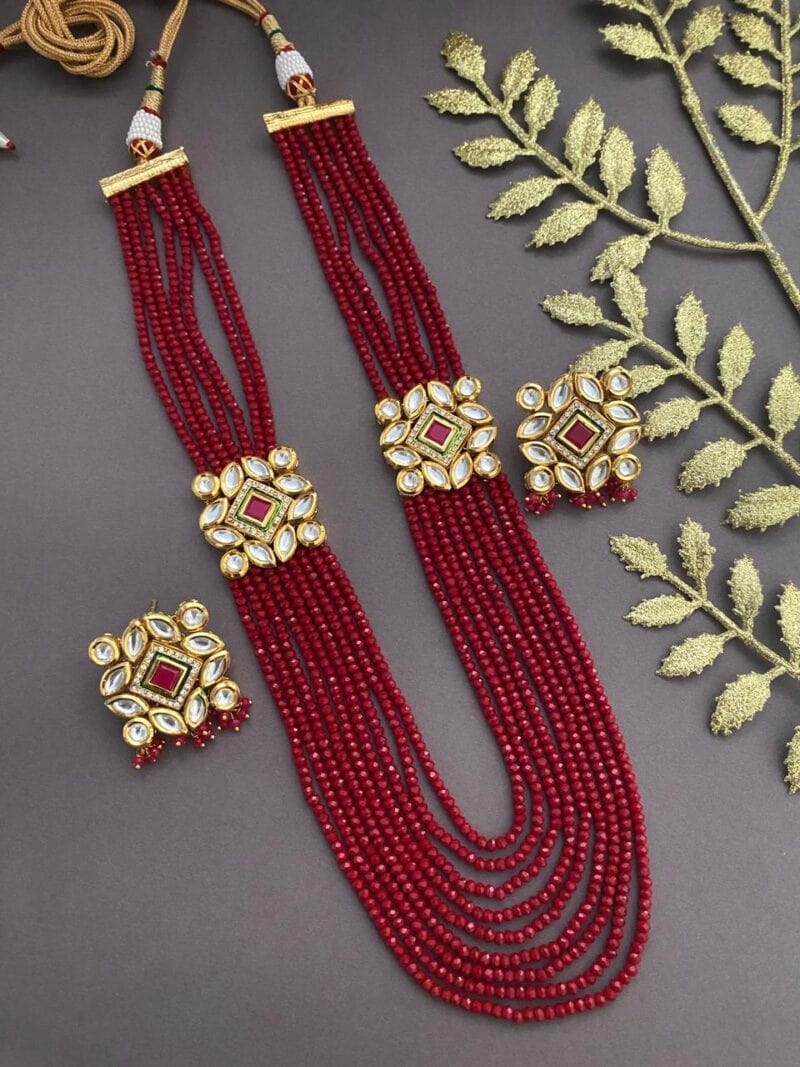 Gold Plated Long Kundan And Multilayered Red Beads Necklace Set By Gehna Shop Beads Jewellery