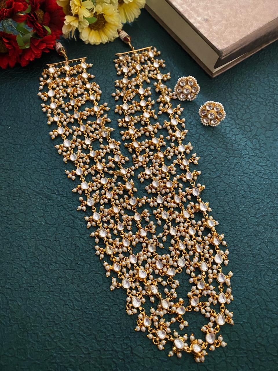 Gold Plated Long Triple Line Jadtar Kundan And Pearls Necklace By Gehna Shop Kundan Necklace Sets