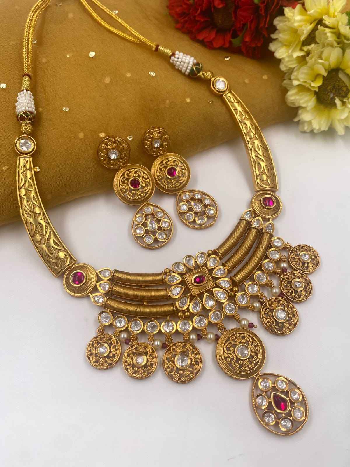 Gold Plated Modern Look Golden Necklace Set For Ladies By Gehna shop White