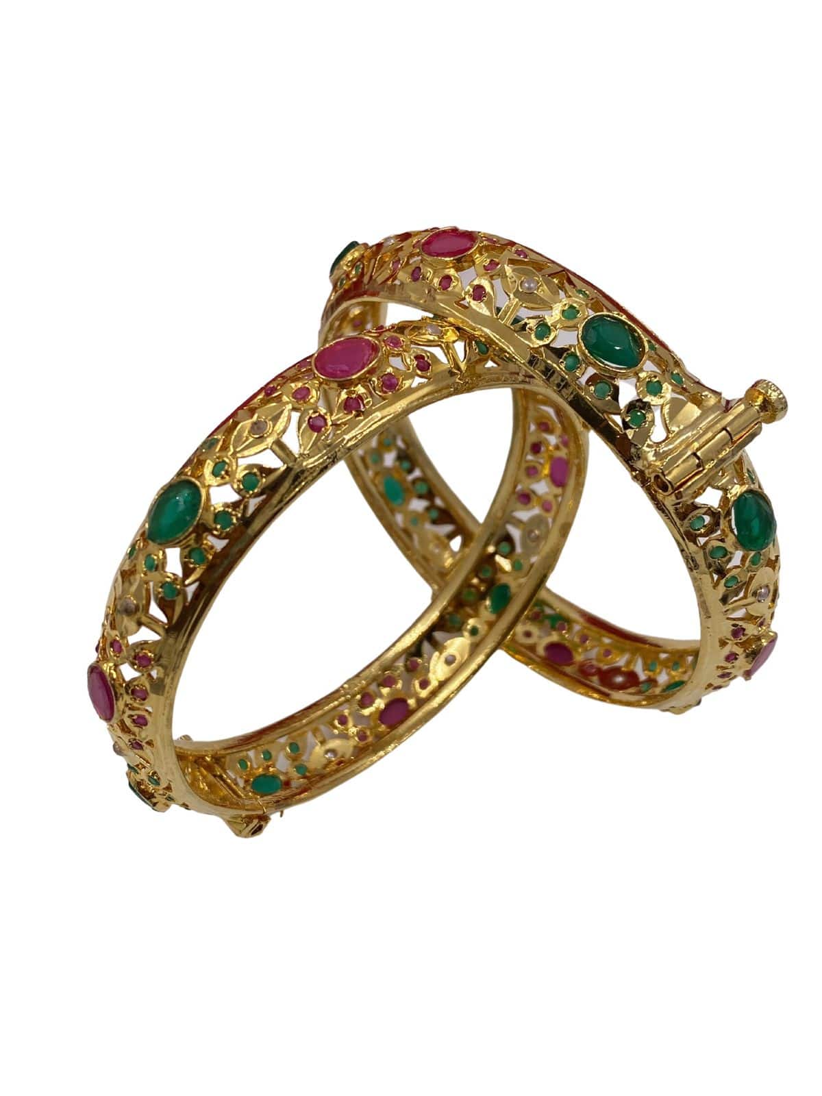 Gold Plated Multi Color Jadau Bangle Set Handcrafted With Real Stones For Women Antique Golden Bangles