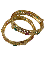 Gold Plated Multi Color Jadau Bangle Set Handcrafted With Real Stones For Women Antique Golden Bangles