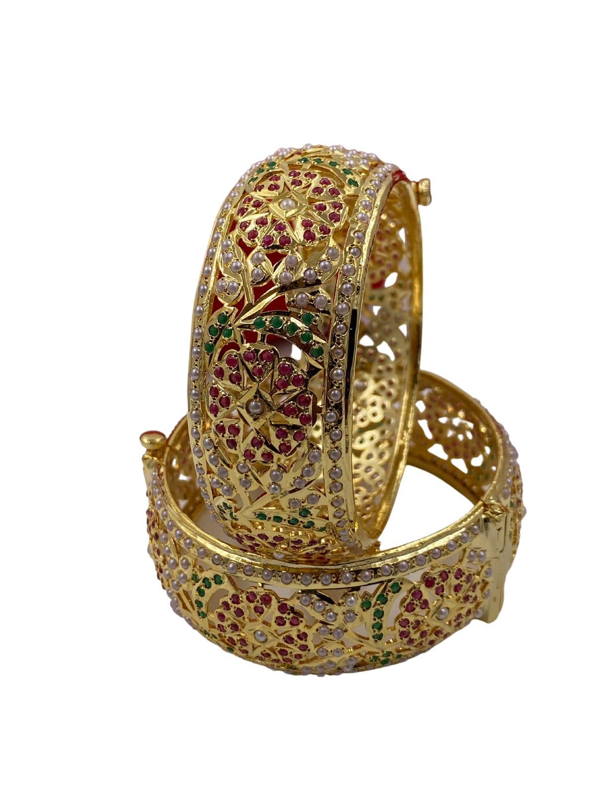 Gold Plated Multi Color Jadau Bangle Set Handcrafted With Real Stones Antique Golden Bangles