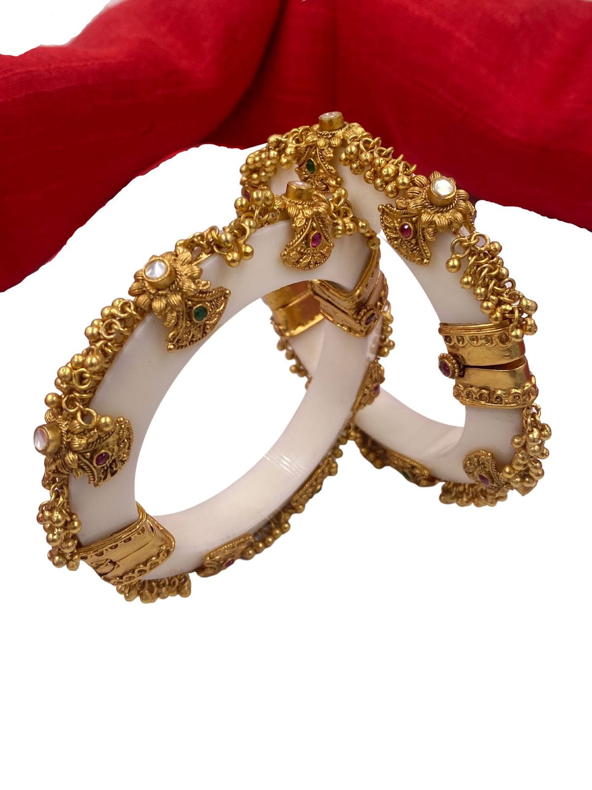 Gold Plated Openable White Acrylic Golden Ghungroo Kada Bangles For Women Antique Golden Bangles