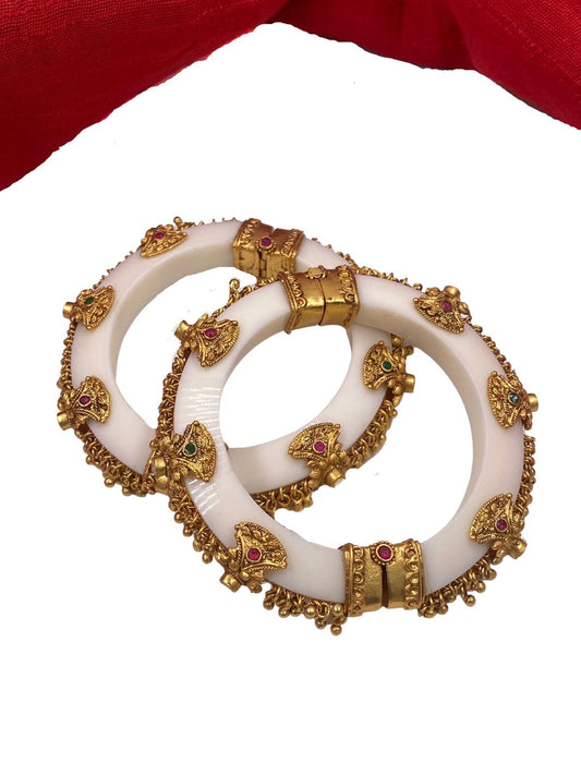 Gold Plated Openable White Acrylic Golden Ghungroo Kada Bangles For Women Antique Golden Bangles