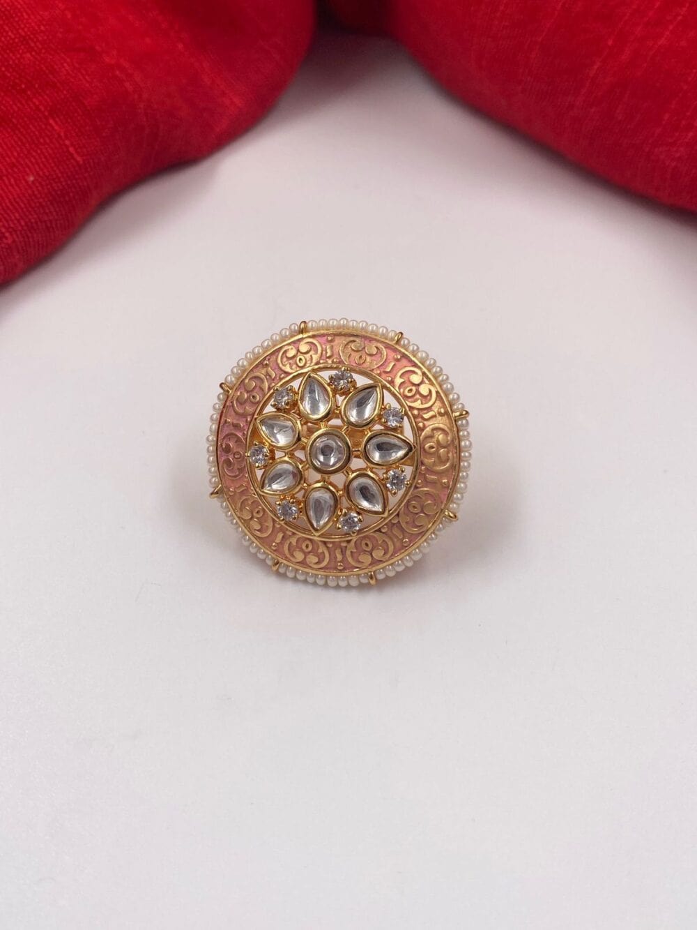 Gold Plated Peach Color Adjustable Kundan Finger Ring For Ladies By Gehna Shop Finger rings
