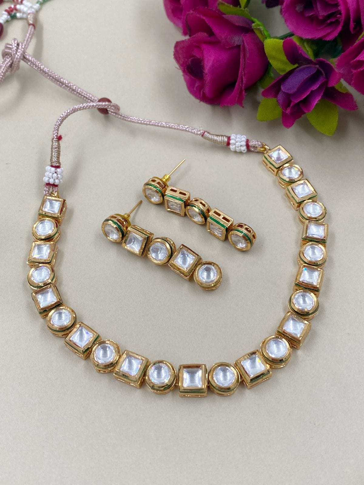 Gold Plated Single Line Kundan Necklace By Gehna Shop Choker Necklace Set