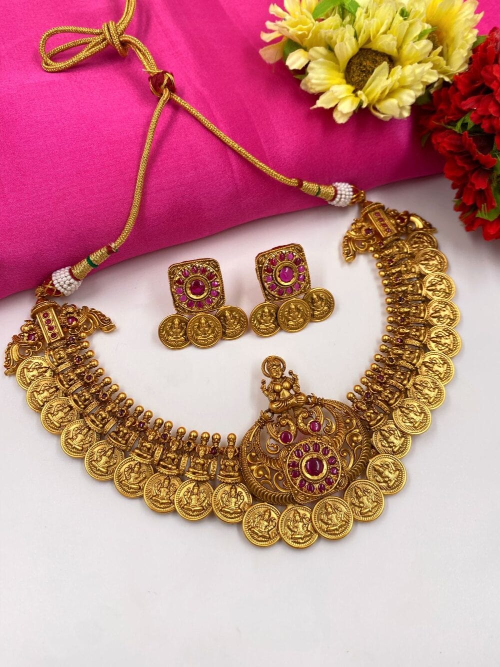 Gold Plated South Indian Lakshmi Coin Necklace Set For Ladies By Gehna Shop Temple Necklace Sets