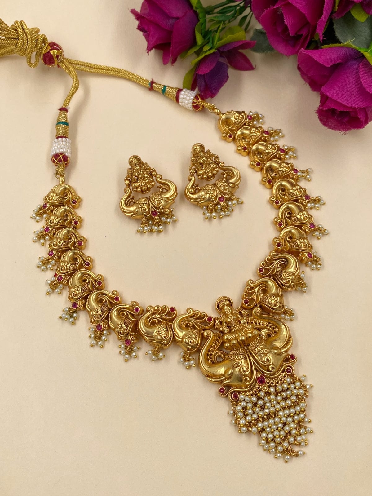 Gold Plated South Indian Lakshmi Devi Temple Necklace Set For Women Temple Necklace Sets