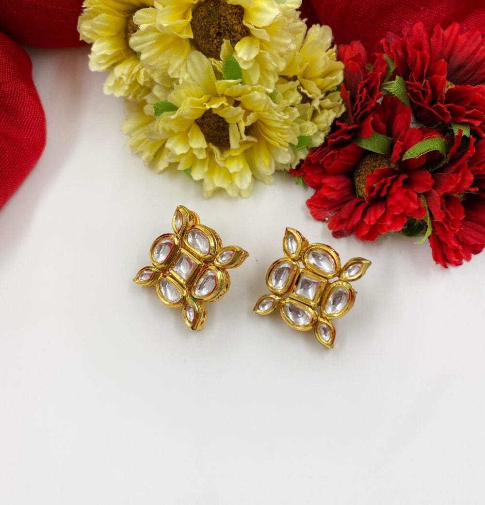 Gold Plated Square Shape Studded Kundan Stud Earrings By Gehna Shop Stud Earrings