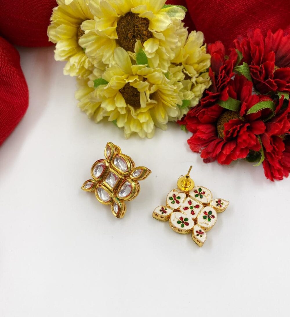 Gold Plated Square Shape Studded Kundan Stud Earrings By Gehna Shop Stud Earrings