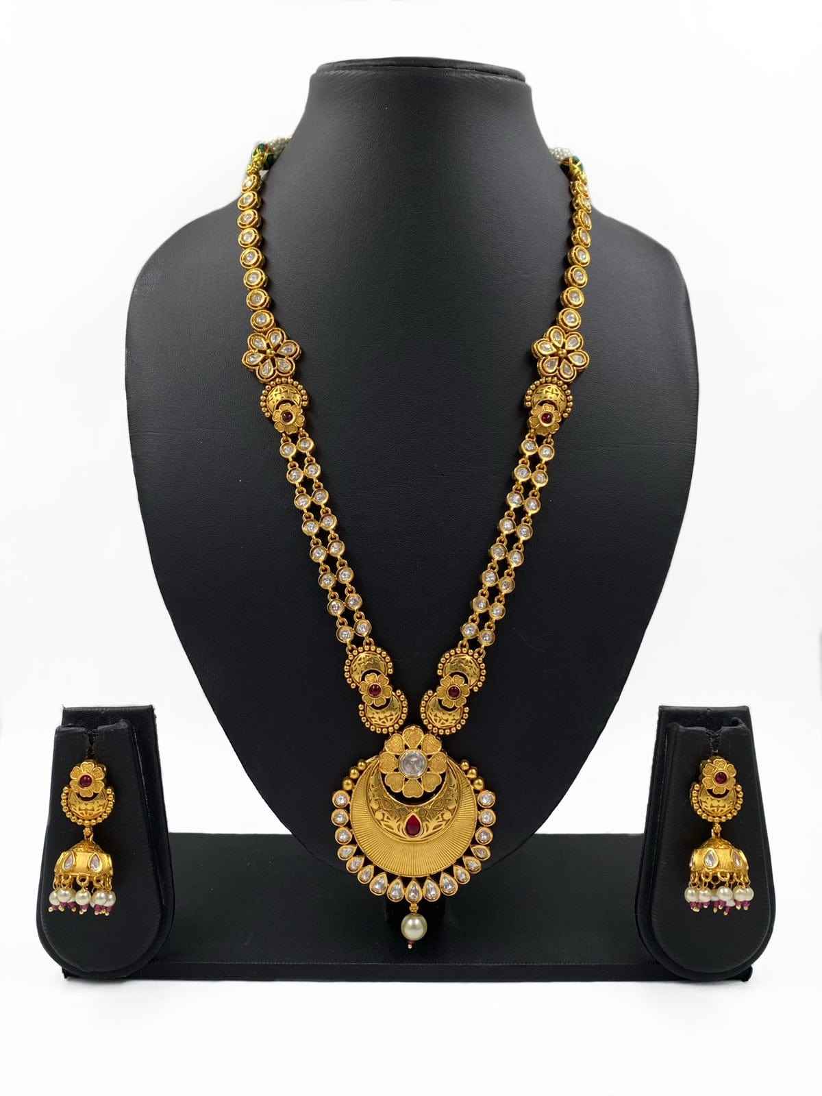 Gold Plated Studded Kundan Long Golden Necklace Set Artificial Antique Gold Jewelry
