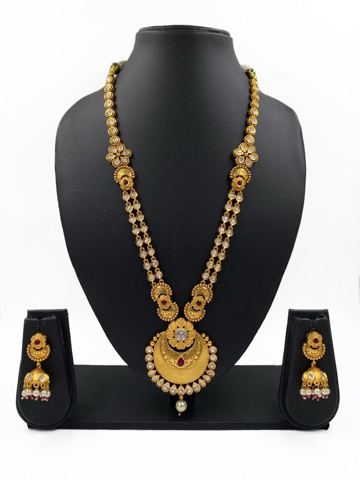 Gold Plated Studded Kundan Long Golden Necklace Set By Gehna Shop Antique Golden Necklace Sets