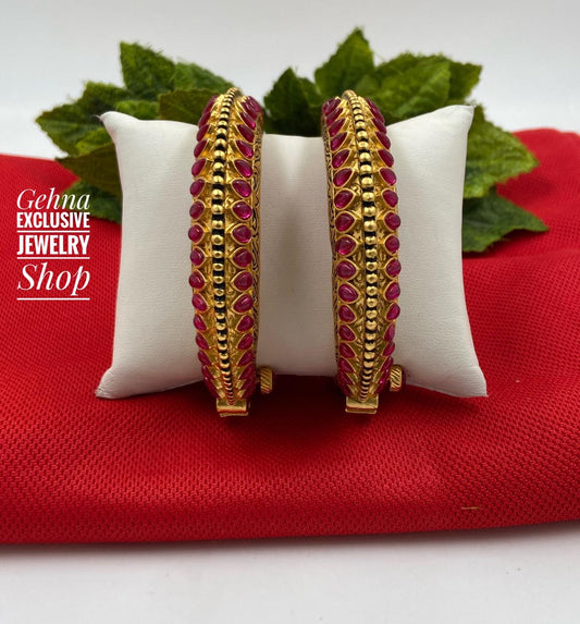 Gold Plated Traditional Ethnic Ruby Stone Bangles For Ladies By Gehna Shop Antique Golden Bangles