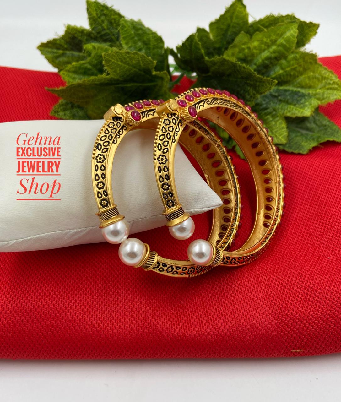Gold Plated Traditional Ethnic Ruby Stone Bangles For Ladies By Gehna Shop Antique Golden Bangles