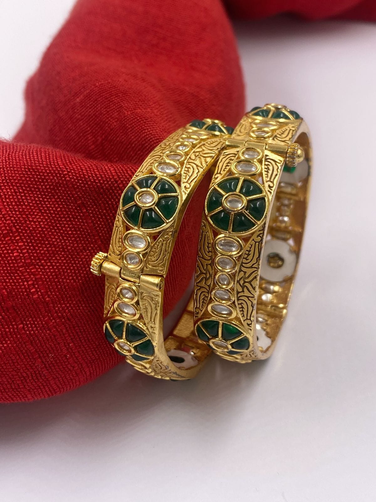 Gold Plated Traditional Uncut Polki Green Kundan Bangles For Women By Gehna Shop Bangles