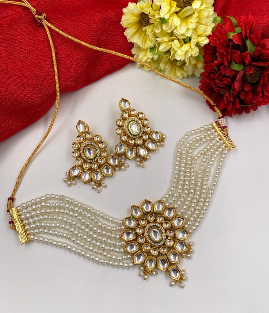 Gold Toned Kundan And Beaded Pearls Choker Necklace Set Choker Necklace Set