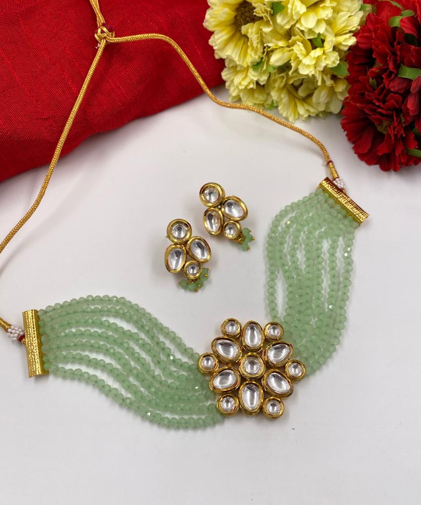 Gold Toned Kundan Mint Green Beaded Choker Necklace Set Choker Necklace Set